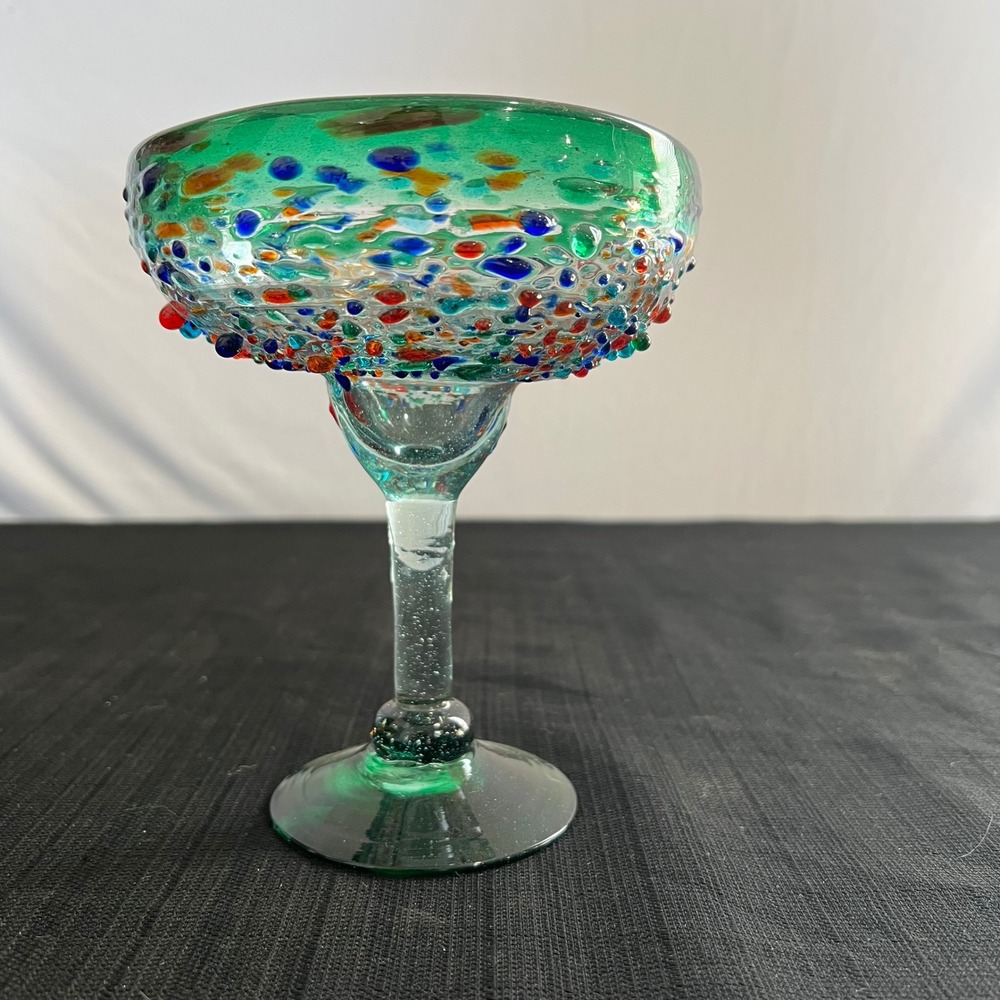 Hand Blown‎ Mexican Art Glass Margarita Glass Green Confetti Pebble Textured 7in